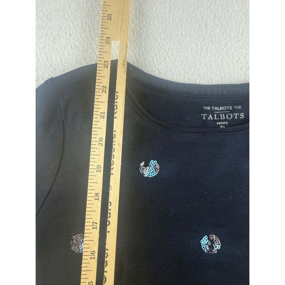 Talbots Petite Navy Blue Sequin Polka Dot Cotton Short Sleeve Tee Shirt SP - Picture 5 of 6